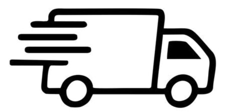 Black outline of a delivery truck with speed lines on a white background